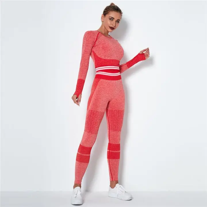 Yoga Set 2 Pcs Gym Suit Long Sleeve T-Shirt High Waist Leggings Push Up Sports Suit - 1