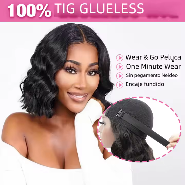Pelucas De Cabello Humano Sin Pegamento Bob 180% Densidad Onda Corporal Frontal De Encaje 4x4 Pre Escobilladas Listas Para Usar Color Transparente Tamaño Promedio - 1