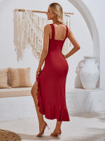 Vestido De Verano Con Diseño Independiente Europeo Y Americano Cuello En V Sin Mangas Y Falda Volante Estilo Oficina Midi Para Mujeres - details 13