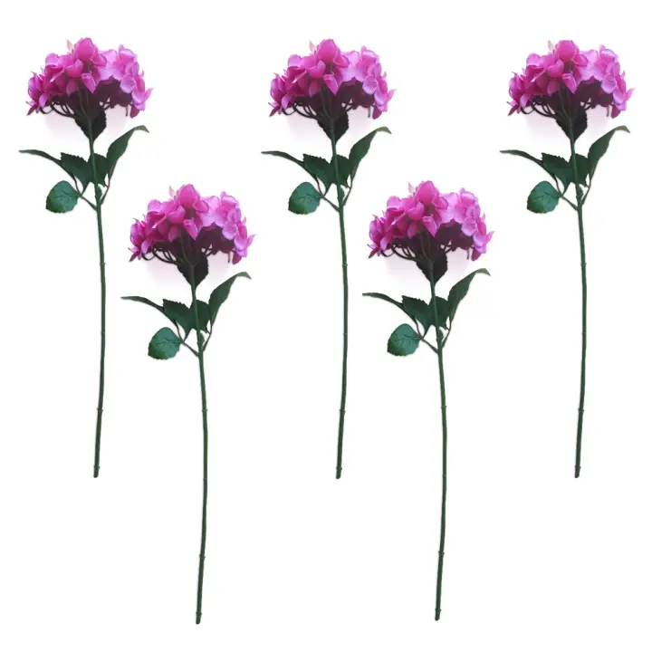 Set de 5 flores de hortensia artificiales, grandes, de color morado, con tallo y hojas verdes, 70 cm - 1