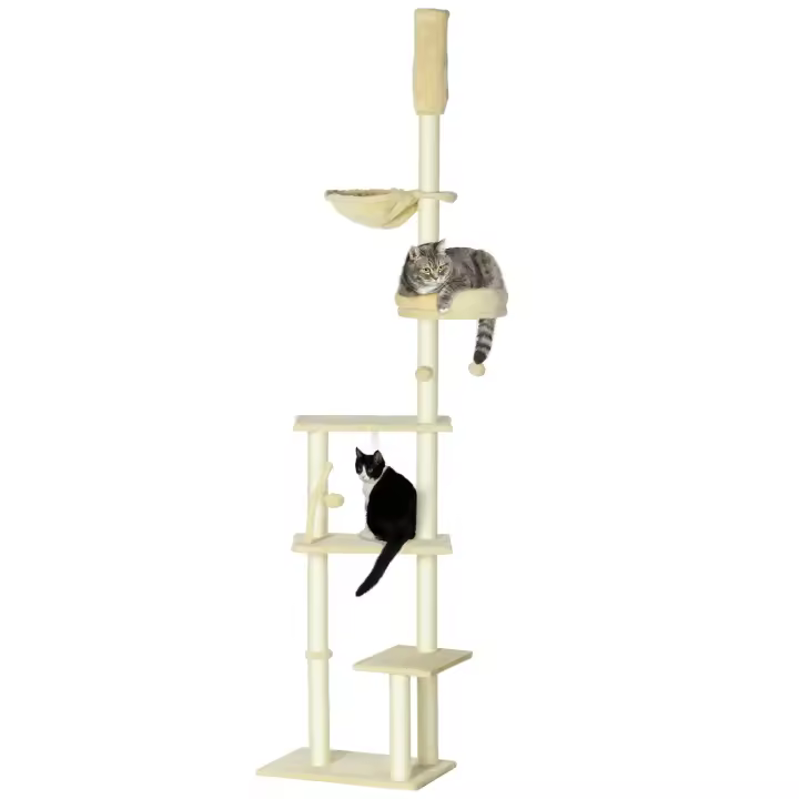 PawHut Árbol para Gatos de Suelo a Techo de 230-250 cm Árbol Rascador para Gatos con Altura Ajustable Múltiples Plataformas Cestos Hamaca Bolas Colgantes - 1