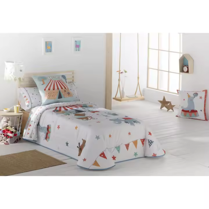 JVR - Colcha Bouti modelo CIRCUS - Tejido 100% Algodón Percal 200 hilos - Estampado digital - Fabricado en España - Cama 80/90/105 - 1