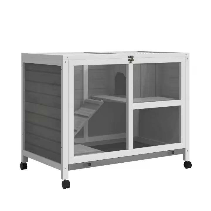 PawHut Conejera de Madera con Ruedas 91,5x53,3x73 cm Jaula para Conejos de 2 Niveles con Techo Abatible Bandeja Extraíble y Rampa - 1