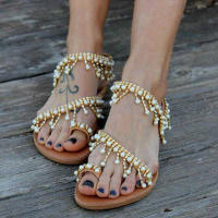 Sandalias De Perla Para Mujer Verano Cómodas Para Playa Con Cordón En El Tobillo Sandalias De Tacón Plano Ligero Para Occasional - details 8