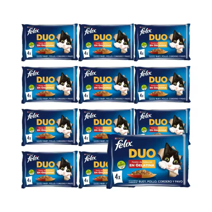 FELIX - Duo Gelatina (48x85 gr) - Comida Húmeda Festín de Sabores (Buey y Aves, Pollo y Riñón, Cordero y Buey, Pavo e Hígado) (12x4x85 gr) - 1