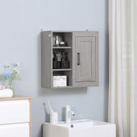 kleankin Armario de Baño de Pared con 3 Estantes Abiertos y 1 Puerta Mueble Auxiliar Suspendido para Salón Aseo Dormitorio Estilo Moderno 48x20x50 cm Gris - details 1