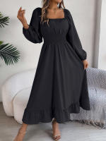 Vestido Largo Elegante De Verano Con Cuello Cuadrado Y Mangas Largas Para Damas De Honor Vestido De Mujer Con Borde Volante Y Cintura Alta - details 5