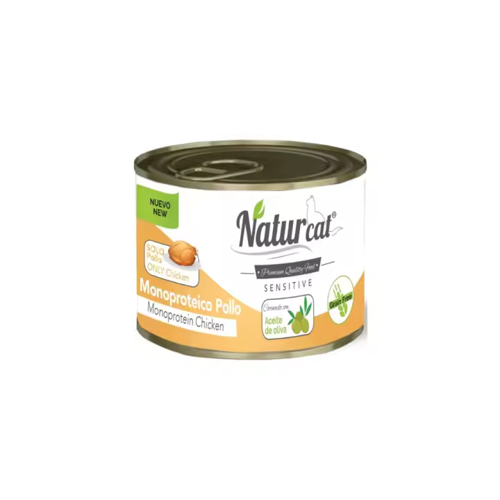 6 LATAS X 200g. Naturcat Monoproteico Pollo para Gatos - Comida Húmeda 70% Carne de Pollo y Sin Cereales - 1