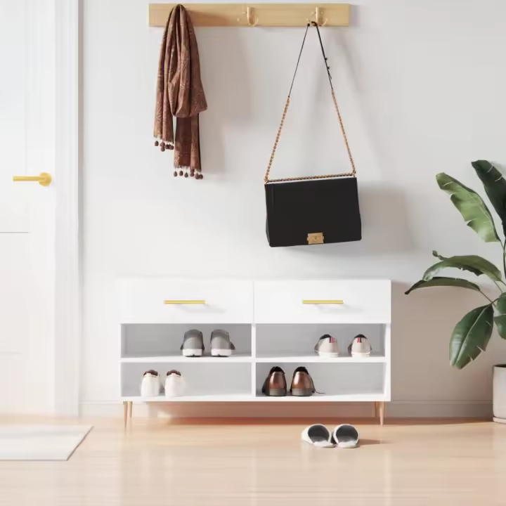 vidaXL Banco zapatero madera de ingeniería blanco brillo 102x35x55 cm - 1