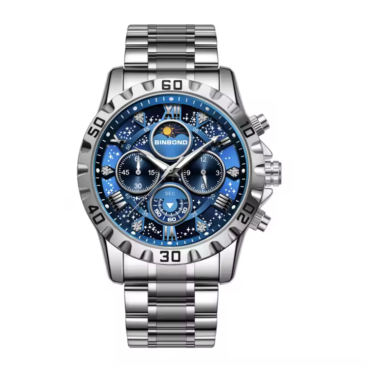 Reloj De Hombre Impermeable Con Cronógrafo Y Dial 3D De Estrella Galáctica Luminosa De Acero Inoxidable Para Regalo De Cumpleaños - 1