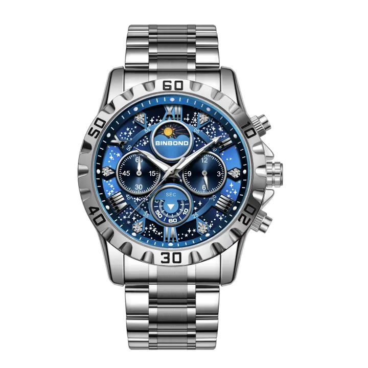 Reloj De Hombre Impermeable Con Cronógrafo Y Dial 3D De Estrella Galáctica Luminosa De Acero Inoxidable Para Regalo De Cumpleaños - 1
