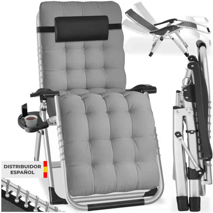 TECTAKE - Silla Tumbona Plegable para Playa y Jardín, Cojín Cabezal Extraíble, Estructura de Acero, Mesa Auxiliar, Ideal para Camping y Picnic, Silla Exterior Terraza - 1