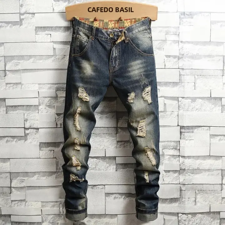 Nuevos 2024 Jeans Destrozados Y Contraídos Para Hombres Estilo Coreano Ropa De Moda Stretch Recto Tejido Denim Ajustado - 1