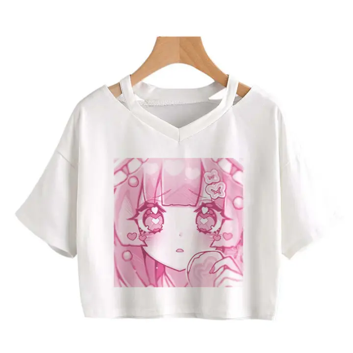 Camiseta De Mujer Con Estampado Kawaii Pink Anime Graphic Casual Punk Corta Manga V-Neck Top De Verano Streetwear - 1