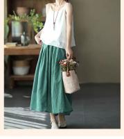 Falda A-Line De Lino Verde Casual Cintura Alta Elástica Para Mujer Larga Hasta La Rodilla Moda Otoño 2024 Estilo Suelto - details 5