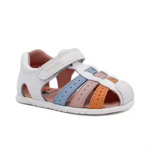 Sandalias barefoot cuero niña PABLOSKY 037707 en blanco con tiras multicolor. - 1