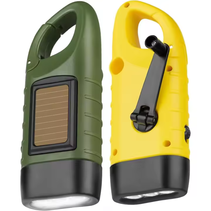 2-Piezas LED Linterna de Emergencia con Manivela, Linterna Solar Recargable, Linternas Dinamo con Mosquetón, Mini Linterna con Manivela y Panel Solar para Exteriores/Camping/Apagones. - 1