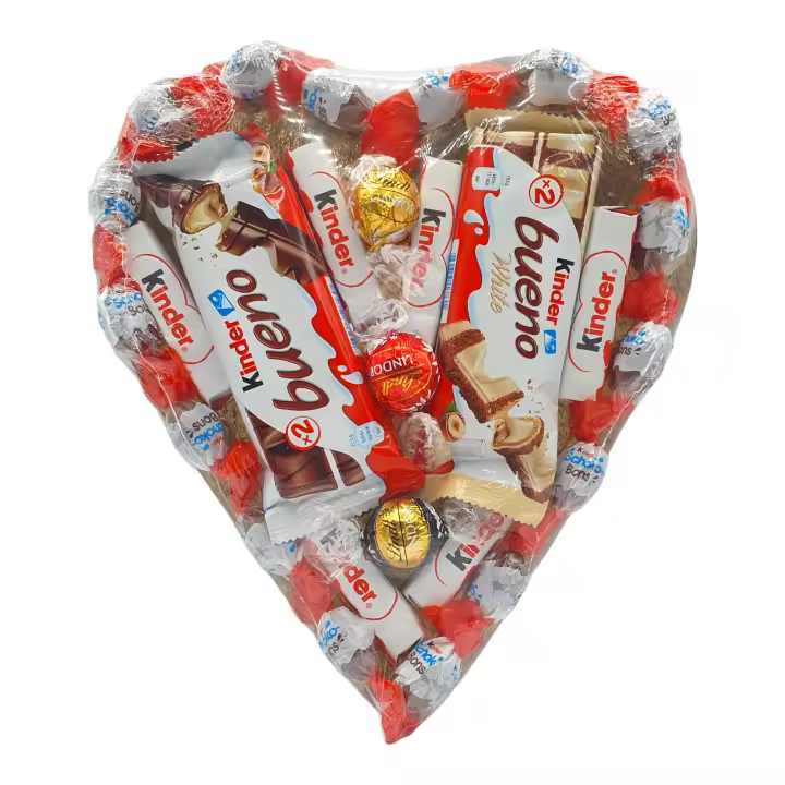 Corazon de Chocolate con Kinder Bueno, Kinder Shochobons, Kinder Chocolate y Bombones Lindt. Regalo Ideal para Parejas. [IAMI] - 1