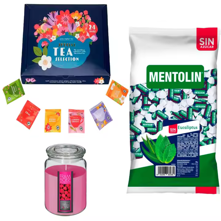 Pack bienestar: MENTOLIN EUCALIPTUS S/A BOLSA 1KG + Vela perfumada de frambuesa + Set de Te con 24 bolsitas con diferentes sabores y aromas - 1