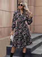 Vestido Casual De Mujer Con Estampado Floral Cuello V Manga Larga A-Line Longitud De Rodilla Cintura Alta Primavera Otoño Invierno - details 4