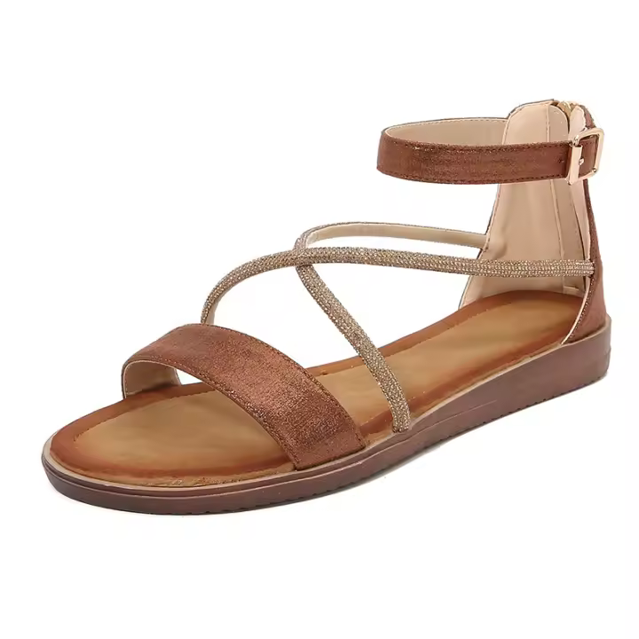 CA Zapatos de playa de una sola tira para mujer en pleno verano 2025, nuevos zapatos de alta gama con diamantes de imitación, punta abierta, tacón plano de alta gama, versión ancha, zapatos con elementos romanos, sandalias para mujer - 1