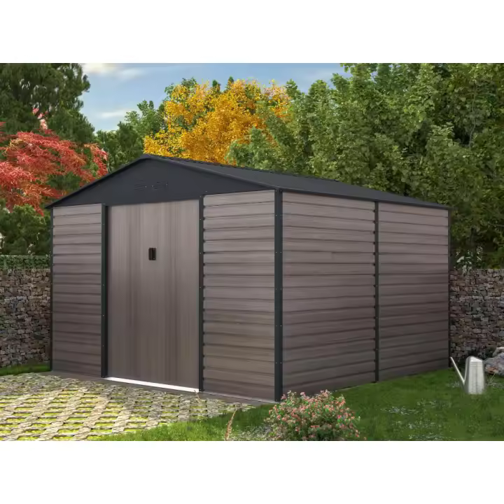 Vente-unique - Caseta de jardín de acero galvanizado efecto madera ADELMO - gris - 10,98 m² - 1