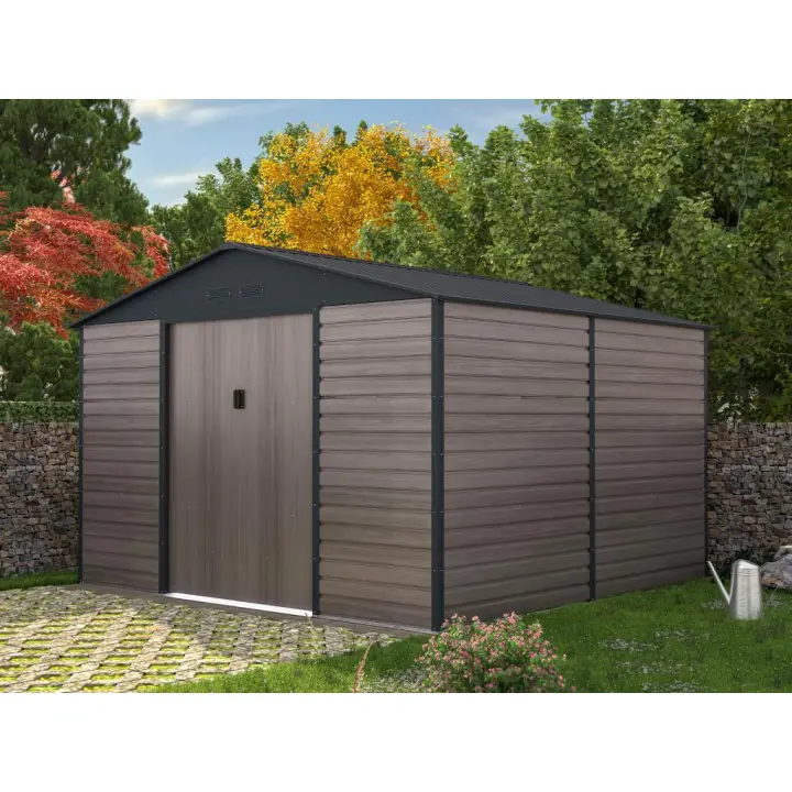 Vente-unique - Caseta de jardín de acero galvanizado efecto madera ADELMO - gris - 10,98 m² - 1