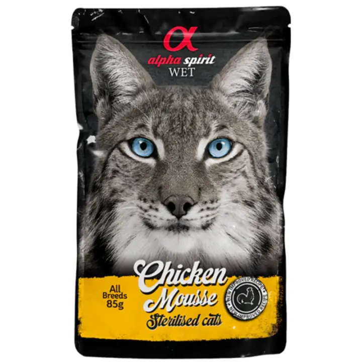 Alpha Spirit Pouch Mousse Gato Esterilizado Sabor Pollo 24x85g – Comida Húmeda Natural, Baja en Grasa y Sin Cereales - 1