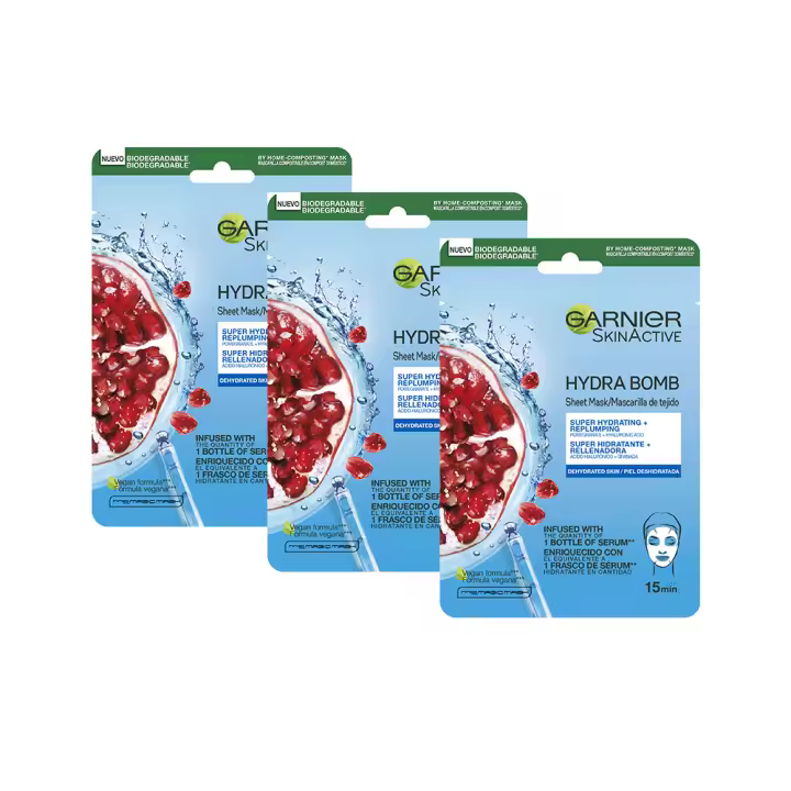 Garnier Skin Active Mask Tissu mascarilla de tela Hydra Bomb hidratante revitalizante con ácido hialurónico y granada antioxidante - 1