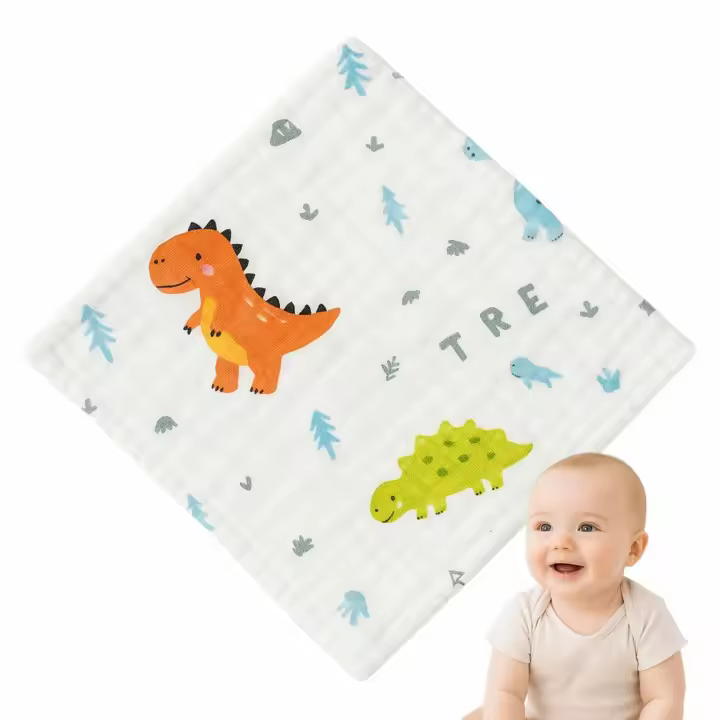 BABYZOCO Toalla Gasa para Bebe, Toallitas de algodón para bebé, Toallitas de Muselina para bebé, Muselinas Bebe Algodón, 6 Capas de absorción, 100% algodón, 25 x 25 cm, Diseño Estampado Dinosaurios - 1