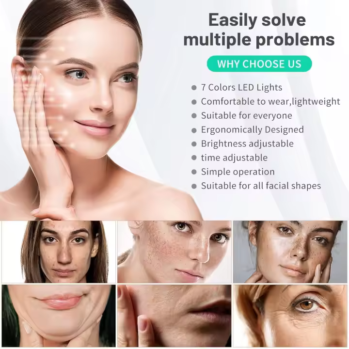 Mascarilla facial con Luz Azul y Roja, 7 Colores LED, portáthil, para el cuidado de la piel facial y el cuello. - 1
