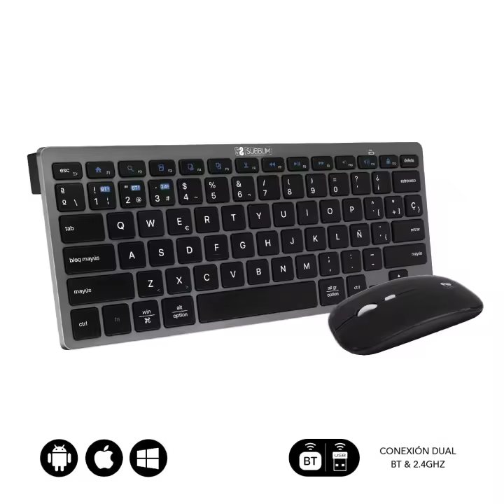SUBBLIM Teclado con ratón Bluetooth + 2.4G Combo multidispositivo – GRIS-NEGRO - 1