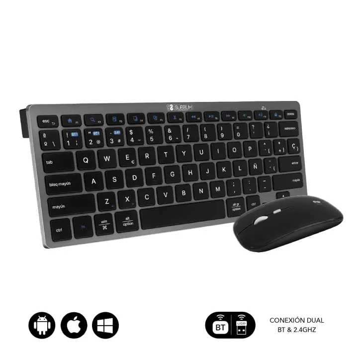 SUBBLIM Teclado con ratón Bluetooth + 2.4G Combo multidispositivo – GRIS-NEGRO - 1
