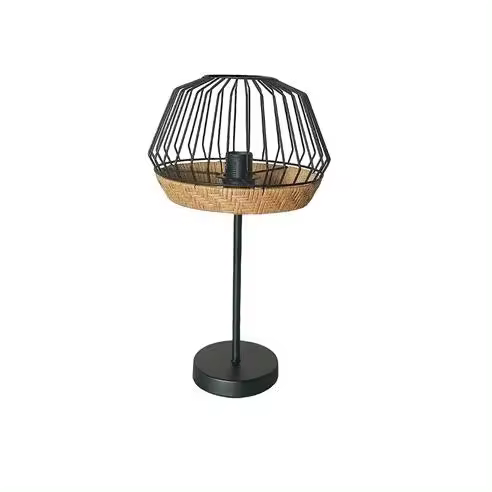 FABRILAMP Lámpara de Mesa Hugo Negro/Natural Metal y Ratán 1xe27 (46xØ25x25cm) - 1