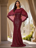 Vestido De Noche Romantic Burgundy Para Mujer Vestido De Boda Elegante De Encaje Y Spandex Sin Mangas Cuello En O Largo Floor-Length Formal Para Fiesta Y Comidas Elaborado En China - details 3