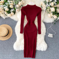 Vestido REALEFT De Punto Para Mujer Con Cuello Alto Y Mangas Largas Estampado Sólido Estilo Casual Vestido De Abrazo Largo Hasta La Rodilla Para Otoño E Invierno - details 22