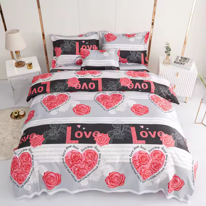 VOLARY - Juego de Sábanas de Alta Calidad para Cama 90/135/150 - Diseño de LOVE，FUNDA NORDICA 5 PCS. Súper Suave, Cálido y Ligero. Ropa de Cama, Incluye 3 Funda de Almohada + Encimera + Bajera Ajustable - 1