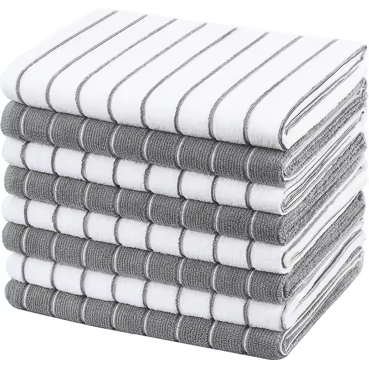 Microfibre Tea Towels - Pack Of 8 (stripe Designed Grey And White Colours) - Soft, Super Absorbent And Lint Free Kitchen Towels, 45 X 65 Cm - 1