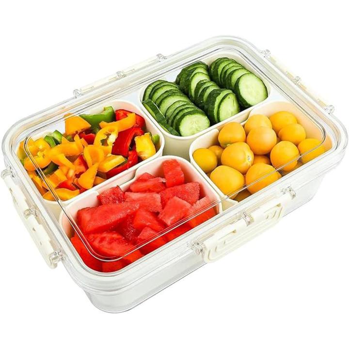 Split plastic serving tray with lid and handle, charcuterie container, portable organizer for candy, fruits, snacks, nuts, for parties, entertainment (white, 4 compartments)