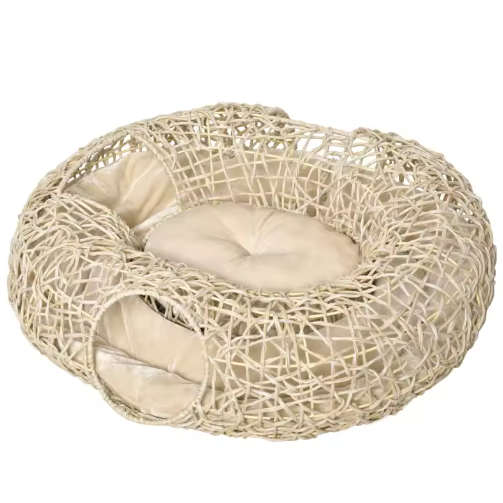 Pawhut Cama para Gatos de Ratán 78x69x22 cm Cesta para Gatos Rolliza con Cojín Suave 3 Orificios de Acceso Túnel para Gatos Madera Natural - 1