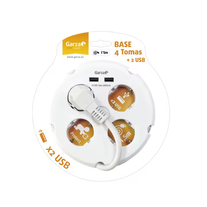 Garza Regleta Circular con Interruptor y USB-A - Base Múltiple de 4 Tomas Schuko - Cable 1.5m - 1
