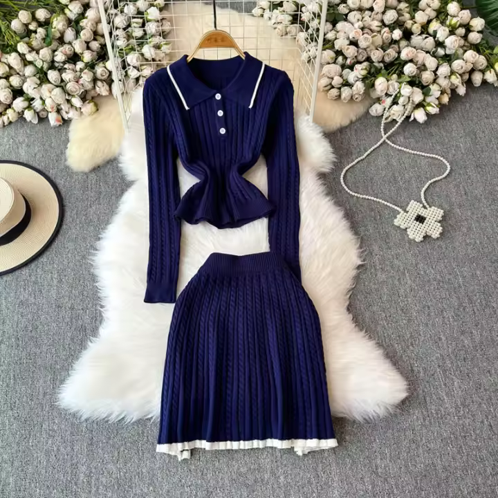 Conjunto De Dos Piezas Para Mujer REALEFT Otoño Invierno Traje De Pista De Correr Polo Collar Suéter Y Falda Skater A-line Nuevo 2024 - 1