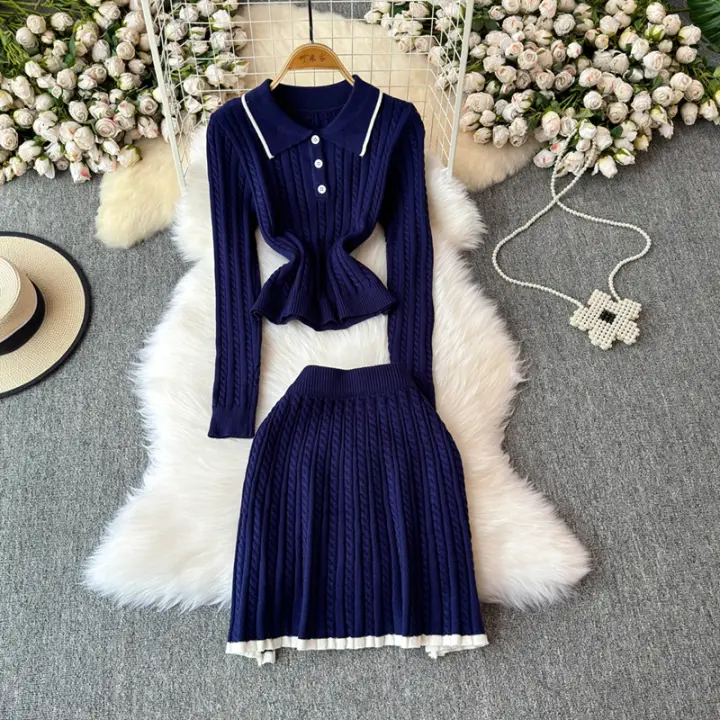 Conjunto De Dos Piezas Para Mujer REALEFT Otoño Invierno Traje De Pista De Correr Polo Collar Suéter Y Falda Skater A-line Nuevo 2024 - 1
