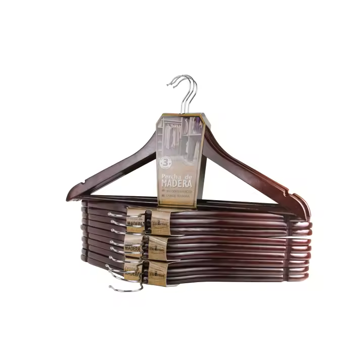Pack 12 Perchas de madera color marrón. 44cm ancho x 23cm alto. Con ganchos giratorios 360º de acero, con muescas para vestidos y barra inferior. Perchas de armario ideales para blusas, pantalones, camisas, trajes. - 1