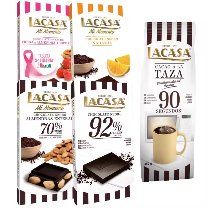 Lacasa pack de 5 tabletas de chocolate:taza 90 segundos 350g, naranja 100g , leche fresa y almendra 100g ,cacao 92% 100g , almendra 200g - 1