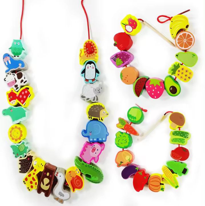 Juego de 42 cuentas de madera con forma de animales, frutas y verduras, Montessori, cinturón de actividades para niños de 3 a 6 años, para niños y niñas - 1