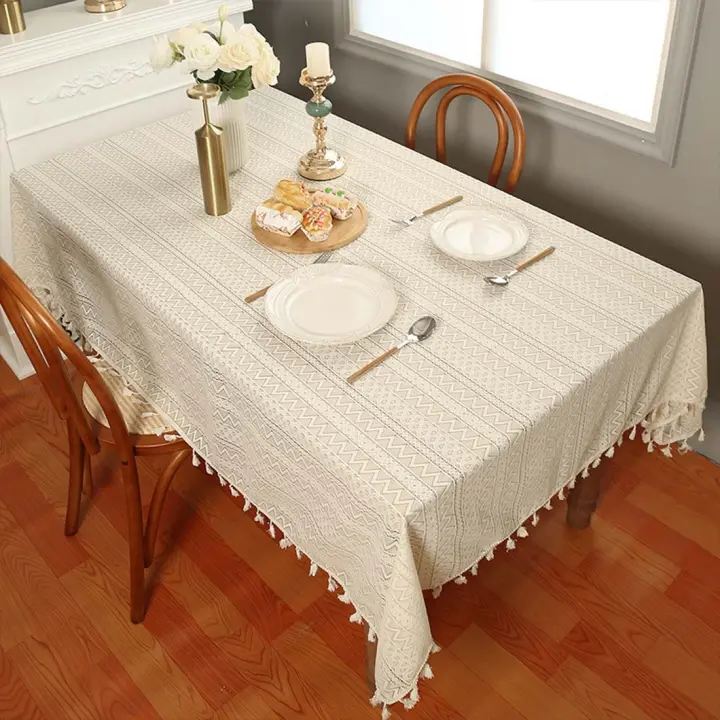 Mantel retro hueco, mantel y mantel individual con borlas de encaje beige, beige, 140*180 cm - 1