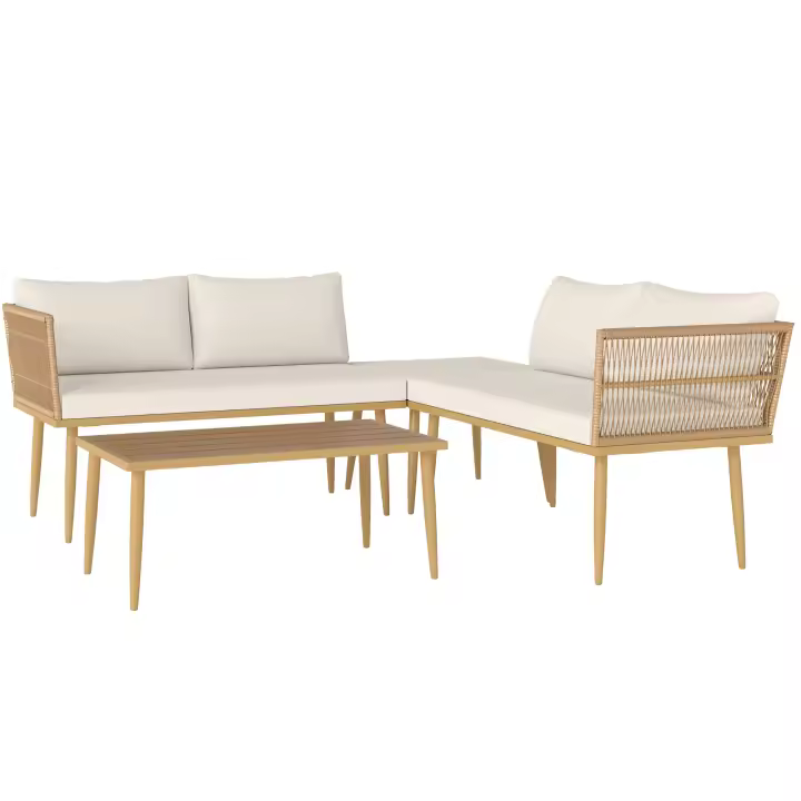 Outsunny Conjunto de Jardín Exterior de Ratán Sintético de 4 Piezas Muebles de Jardín Exterior Sofá Esquinero Incluye 2 Sofás de 2 Plazas 1 Reposapiés 1 Mesa de Centro con Cojines Natural - 1