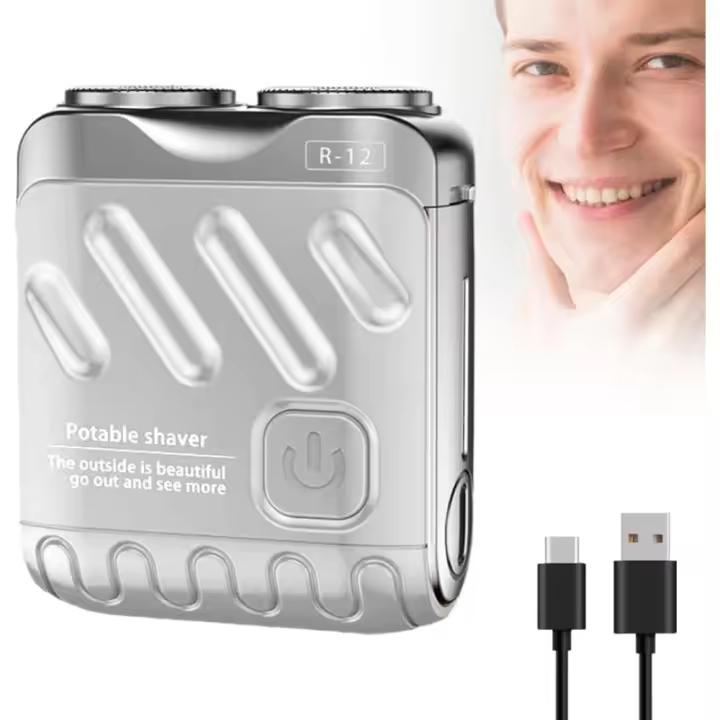 Afeitadora eléctrica portátil de doble anillo rotatorio, mini afeitadora de acero pequeña para hombres, recargable por USB, con un solo botón, larga duración (naranja) (blanco) - 1