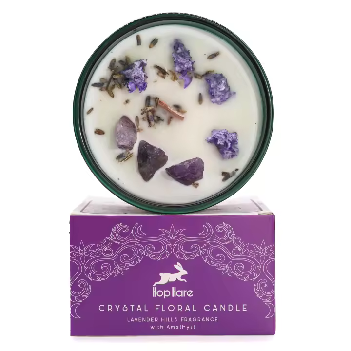 Viva Esencia – Vela artesana con flores secas, gemas naturales y cera de soja ‘La Luna’, aromática y espiritual, ideal para rituales de calma, equilibrio emocional, meditación profunda e intuición – Hop Hare - 1